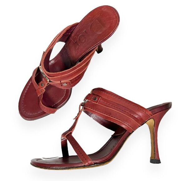 Christian Dior Logo CD Vintage Leather Sandals Burgundy Red Heels Size EU 36.5 - Picture 1 of 9